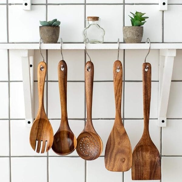 TEZZ 5 PCS Wooden Spurtles Spoons Cooking Utensils Set, - Image 2
